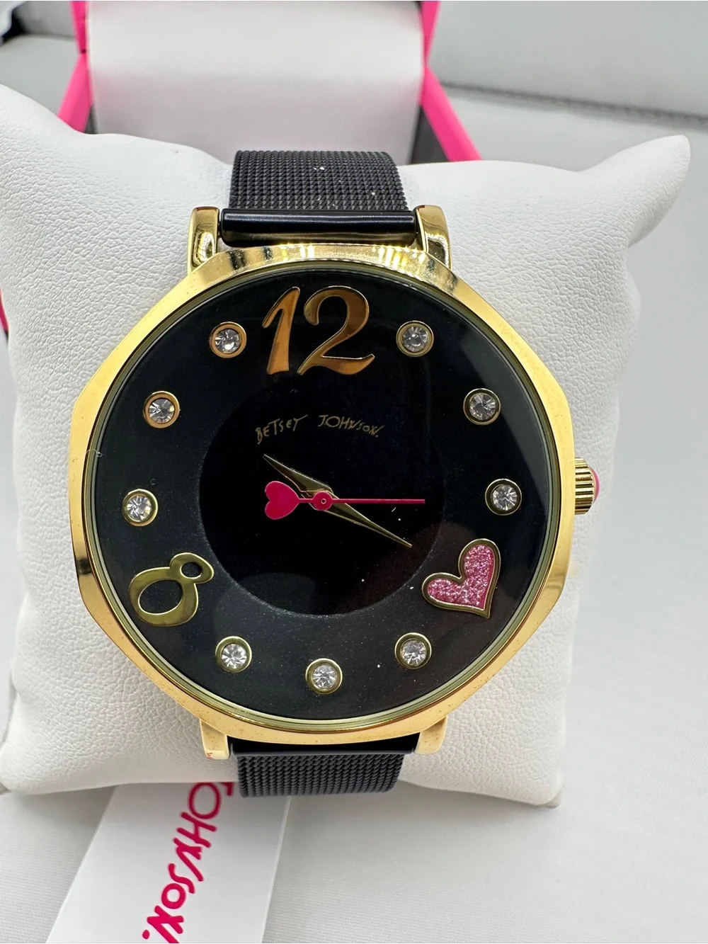 Betsey Johnson Black and Gold Tone Women's Heart Accent Watch with Pink Details